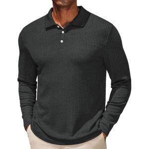 imageCOOFANDY Mens Casual Polo Shirts Long Sleeve Textured Knit Tee Shirt Wrok TshirtsCharcoal Grey