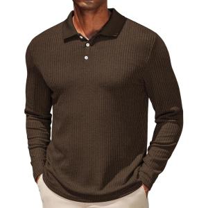 imageCOOFANDY Mens Casual Polo Shirts Long Sleeve Textured Knit Tee Shirt Wrok TshirtsCoffee