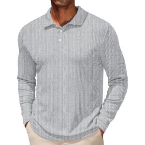 imageCOOFANDY Mens Casual Polo Shirts Long Sleeve Textured Knit Tee Shirt Wrok TshirtsLight Grey