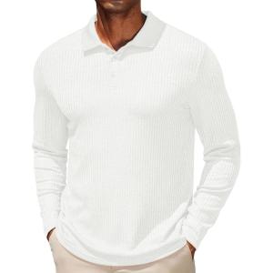 imageCOOFANDY Mens Casual Polo Shirts Long Sleeve Textured Knit Tee Shirt Wrok TshirtsWhite