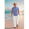 imageCOOFANDY Mens 2 Pieces Cotton Linen Set Casual Short Sleeve Henley Shirts Beach Yoga Pants Summer OutfitsBlue Striped