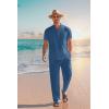 imageCOOFANDY Mens 2 Pieces Cotton Linen Set Casual Short Sleeve Henley Shirts Beach Yoga Pants Summer OutfitsLight Navy