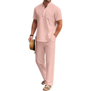 imageCOOFANDY Mens 2 Pieces Cotton Linen Set Casual Short Sleeve Henley Shirts Beach Yoga Pants Summer OutfitsPink