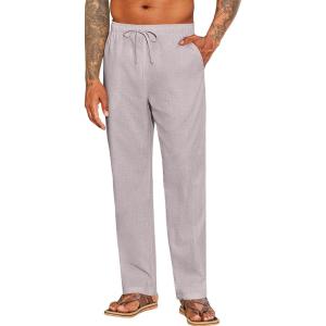 imageCOOFANDY Mens Casual Linen Pants Elastic Waist Drawstring Beach Summer Pants Lightweight Linen TrousersLight Gray