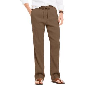 imageCOOFANDY Mens Casual Linen Summer Beach Pants Lightweight Drawstring Elastic Waist Yoga TrousersCoffee