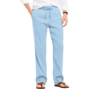 imageCOOFANDY Mens Casual Linen Summer Beach Pants Lightweight Drawstring Elastic Waist Yoga TrousersLight Blue