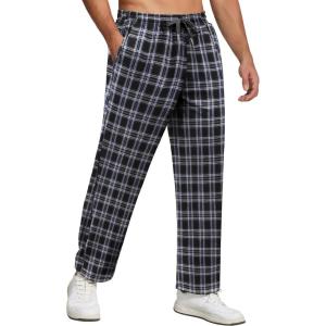 imageCOOFANDY Mens Flannel Plaid Pants Drawstring Cotton Casual Lounge Pants with PocketsBlack White Blue Plaid