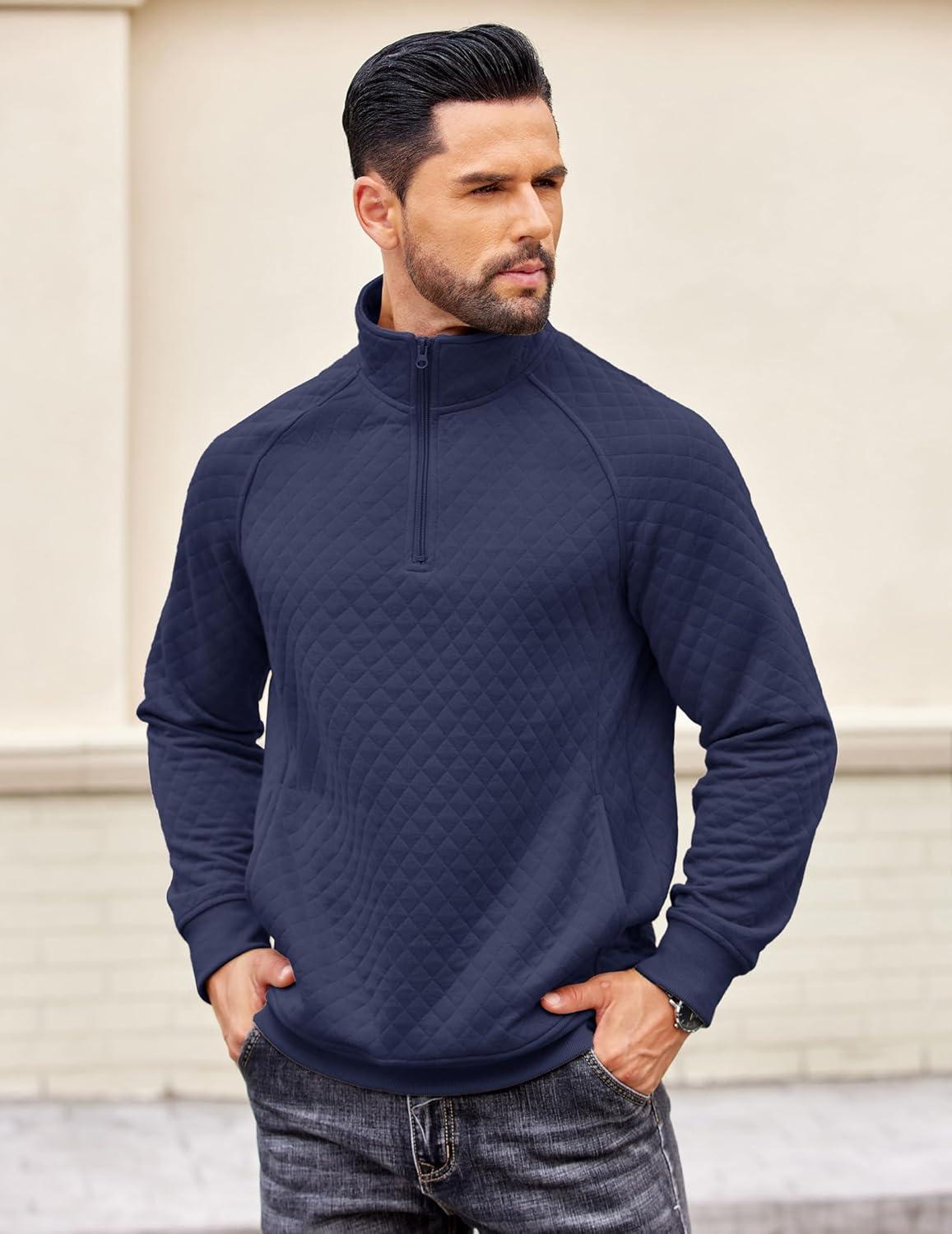 imageCOOFANDY Mens Quarter Zip Pullover Quilted Sweatshirt Knit Long Sleeve Sweater Half Zip Polo Sweatshirts with PocketNavy Blue
