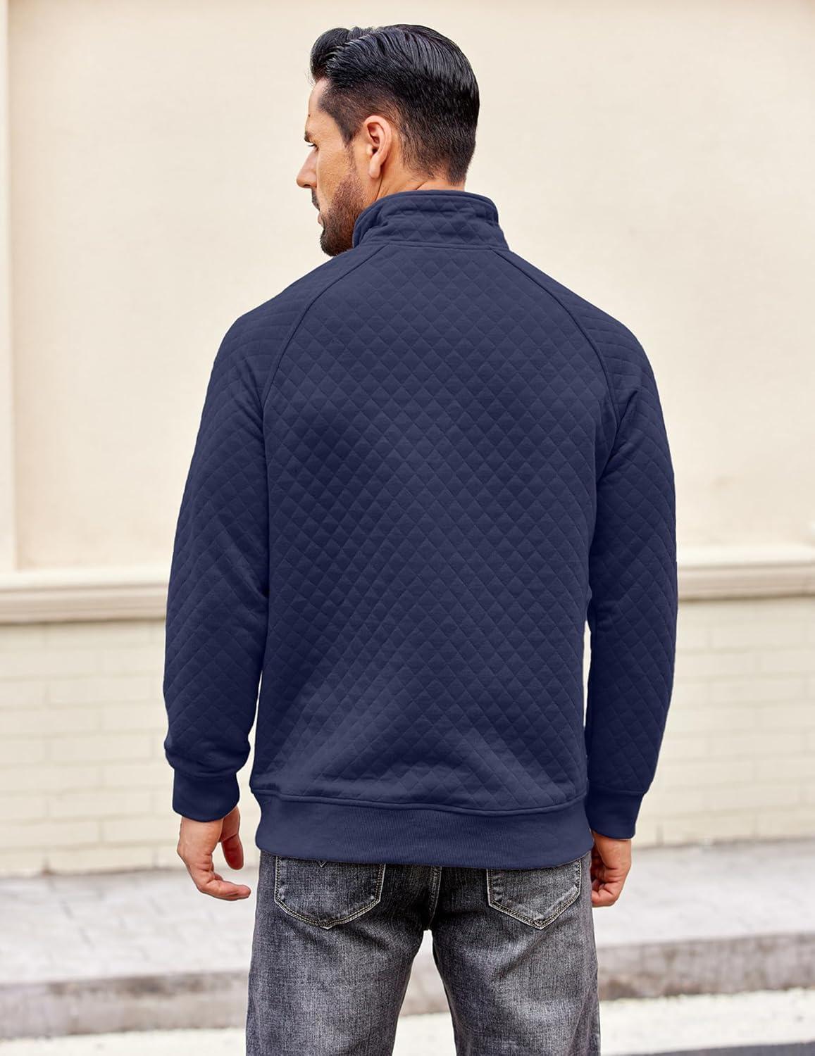 imageCOOFANDY Mens Quarter Zip Pullover Quilted Sweatshirt Knit Long Sleeve Sweater Half Zip Polo Sweatshirts with PocketNavy Blue