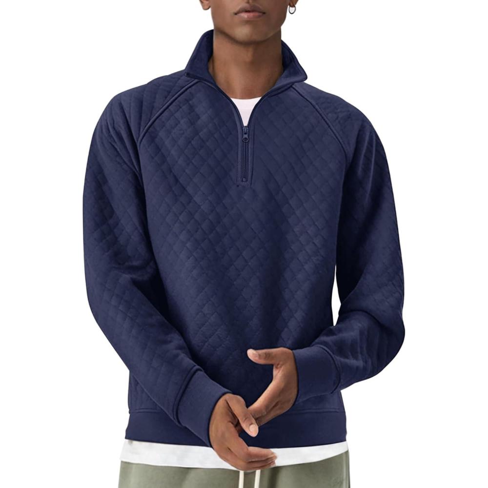 imageCOOFANDY Mens Quarter Zip Pullover Quilted Sweatshirt Knit Long Sleeve Sweater Half Zip Polo Sweatshirts with PocketNavy Blue