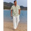 imageCOOFANDY Men 2 Piece Linen Outfit Beach Button Down Shirt Casual Loose Pant SetsGreen Floral ShirtWhite Pants