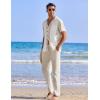 imageCOOFANDY Men 2 Piece Linen Outfit Beach Button Down Shirt Casual Loose Pant SetsKhaki Patchwork White ShirtKhaki Pants