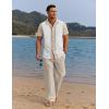 imageCOOFANDY Men 2 Piece Linen Outfit Beach Button Down Shirt Casual Loose Pant SetsKhaki Patchwork White ShirtKhaki Pants