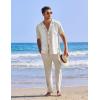 imageCOOFANDY Men 2 Piece Linen Outfit Beach Button Down Shirt Casual Loose Pant SetsKhaki Patchwork White ShirtKhaki Pants