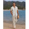 imageCOOFANDY Men 2 Piece Linen Outfit Beach Button Down Shirt Casual Loose Pant SetsKhaki Patchwork White ShirtKhaki Pants