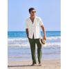 imageCOOFANDY Men 2 Piece Linen Outfit Beach Button Down Shirt Casual Loose Pant SetsWhite ShirtArmy Green Pants