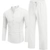 imageCOOFANDY Mens 2 Piece Cotton Sets Casual Long Sleeve Cuban Henley Shirt and Loose Pants Set Beach Vacation OutfitsAll White