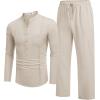 imageCOOFANDY Mens 2 Piece Cotton Sets Casual Long Sleeve Cuban Henley Shirt and Loose Pants Set Beach Vacation OutfitsBeige