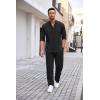 imageCOOFANDY Mens 2 Piece Cotton Sets Casual Long Sleeve Cuban Henley Shirt and Loose Pants Set Beach Vacation OutfitsBlack