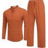 imageCOOFANDY Mens 2 Piece Cotton Sets Casual Long Sleeve Cuban Henley Shirt and Loose Pants Set Beach Vacation OutfitsCaramel