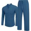 imageCOOFANDY Mens 2 Piece Cotton Sets Casual Long Sleeve Cuban Henley Shirt and Loose Pants Set Beach Vacation OutfitsDenim Blue