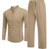 imageCOOFANDY Mens 2 Piece Cotton Sets Casual Long Sleeve Cuban Henley Shirt and Loose Pants Set Beach Vacation OutfitsKhaki