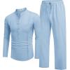imageCOOFANDY Mens 2 Piece Cotton Sets Casual Long Sleeve Cuban Henley Shirt and Loose Pants Set Beach Vacation OutfitsLight Blue
