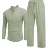 imageCOOFANDY Mens 2 Piece Cotton Sets Casual Long Sleeve Cuban Henley Shirt and Loose Pants Set Beach Vacation OutfitsLight Green