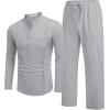 imageCOOFANDY Mens 2 Piece Cotton Sets Casual Long Sleeve Cuban Henley Shirt and Loose Pants Set Beach Vacation OutfitsLight Grey