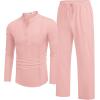 imageCOOFANDY Mens 2 Piece Cotton Sets Casual Long Sleeve Cuban Henley Shirt and Loose Pants Set Beach Vacation OutfitsPink