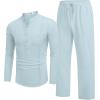 imageCOOFANDY Mens 2 Piece Cotton Sets Casual Long Sleeve Cuban Henley Shirt and Loose Pants Set Beach Vacation OutfitsSky Blue