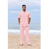 imageCOOFANDY Mens 2 Piece Cotton Sets Casual Short Sleeve Henley Shirts and Beach Pants with Pockets Summer Vacation OutfitsPink
