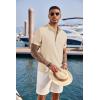 imageCOOFANDY Mens Casual Henley Shirt Short Sleeve Band Collar Linen Shirt Summer Beach Hippie TShirtsLight Khaki