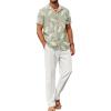 imageCOOFANDY Men 2 Piece Linen Outfit Beach Button Down Shirt Casual Loose Pant SetsGreen Floral ShirtWhite Pants