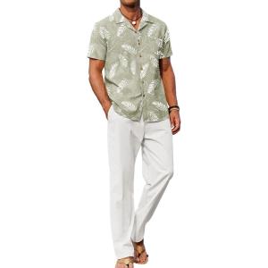 imageCOOFANDY Men 2 Piece Linen Outfit Beach Button Down Shirt Casual Loose Pant SetsGreen Floral ShirtWhite Pants