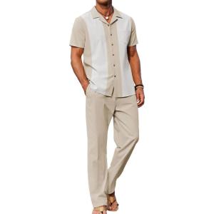 imageCOOFANDY Men 2 Piece Linen Outfit Beach Button Down Shirt Casual Loose Pant SetsKhaki Patchwork White ShirtKhaki Pants