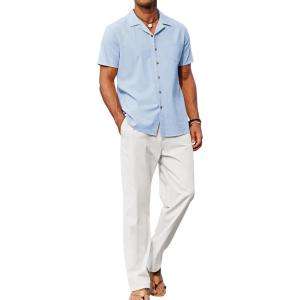 imageCOOFANDY Men 2 Piece Linen Outfit Beach Button Down Shirt Casual Loose Pant SetsLight Blue ShirtWhite Pants