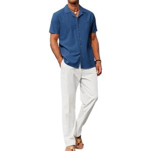 imageCOOFANDY Men 2 Piece Linen Outfit Beach Button Down Shirt Casual Loose Pant SetsNavy ShirtWhite Pants