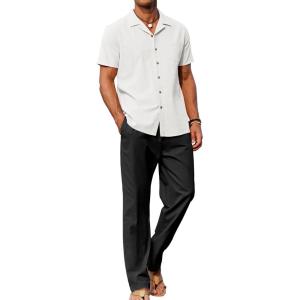 imageCOOFANDY Men 2 Piece Linen Outfit Beach Button Down Shirt Casual Loose Pant SetsWhite ShirtBlack Pants