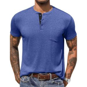 imageCOOFANDY Men Casual Shirt Short Sleeve Summer Basic T Shirt Pocket Soild Tee TopAzure Blue