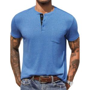 imageCOOFANDY Men Casual Shirt Short Sleeve Summer Basic T Shirt Pocket Soild Tee TopBlue