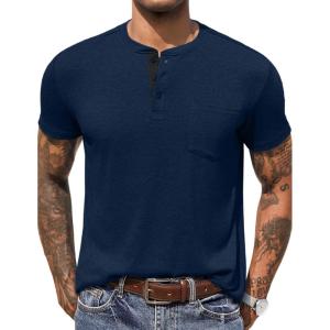 imageCOOFANDY Men Casual Shirt Short Sleeve Summer Basic T Shirt Pocket Soild Tee TopDark Blue