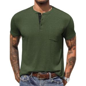 imageCOOFANDY Men Casual Shirt Short Sleeve Summer Basic T Shirt Pocket Soild Tee TopDark Green