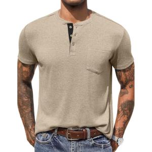 imageCOOFANDY Men Casual Shirt Short Sleeve Summer Basic T Shirt Pocket Soild Tee TopKhaki