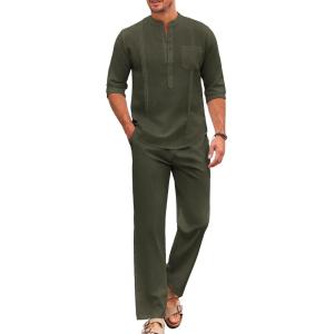 imageCOOFANDY Mens 2 Piece Cotton Sets Casual Long Sleeve Cuban Henley Shirt and Loose Pants Set Beach Vacation OutfitsArmy Green