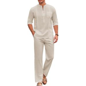 imageCOOFANDY Mens 2 Piece Cotton Sets Casual Long Sleeve Cuban Henley Shirt and Loose Pants Set Beach Vacation OutfitsBeige