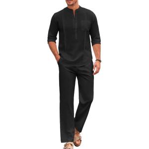 imageCOOFANDY Mens 2 Piece Cotton Sets Casual Long Sleeve Cuban Henley Shirt and Loose Pants Set Beach Vacation OutfitsBlack