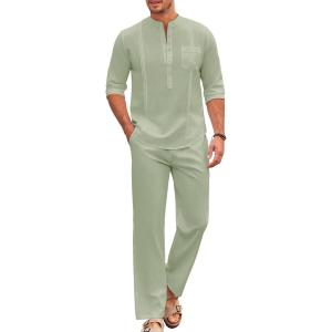 imageCOOFANDY Mens 2 Piece Cotton Sets Casual Long Sleeve Cuban Henley Shirt and Loose Pants Set Beach Vacation OutfitsLight Green