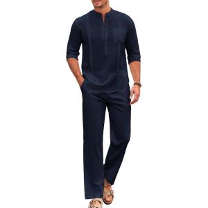 imageCOOFANDY Mens 2 Piece Cotton Sets Casual Long Sleeve Cuban Henley Shirt and Loose Pants Set Beach Vacation OutfitsNavy