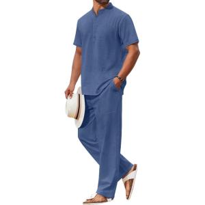 imageCOOFANDY Mens 2 Piece Cotton Sets Casual Short Sleeve Henley Shirts and Beach Pants with Pockets Summer Vacation OutfitsDenim Blue